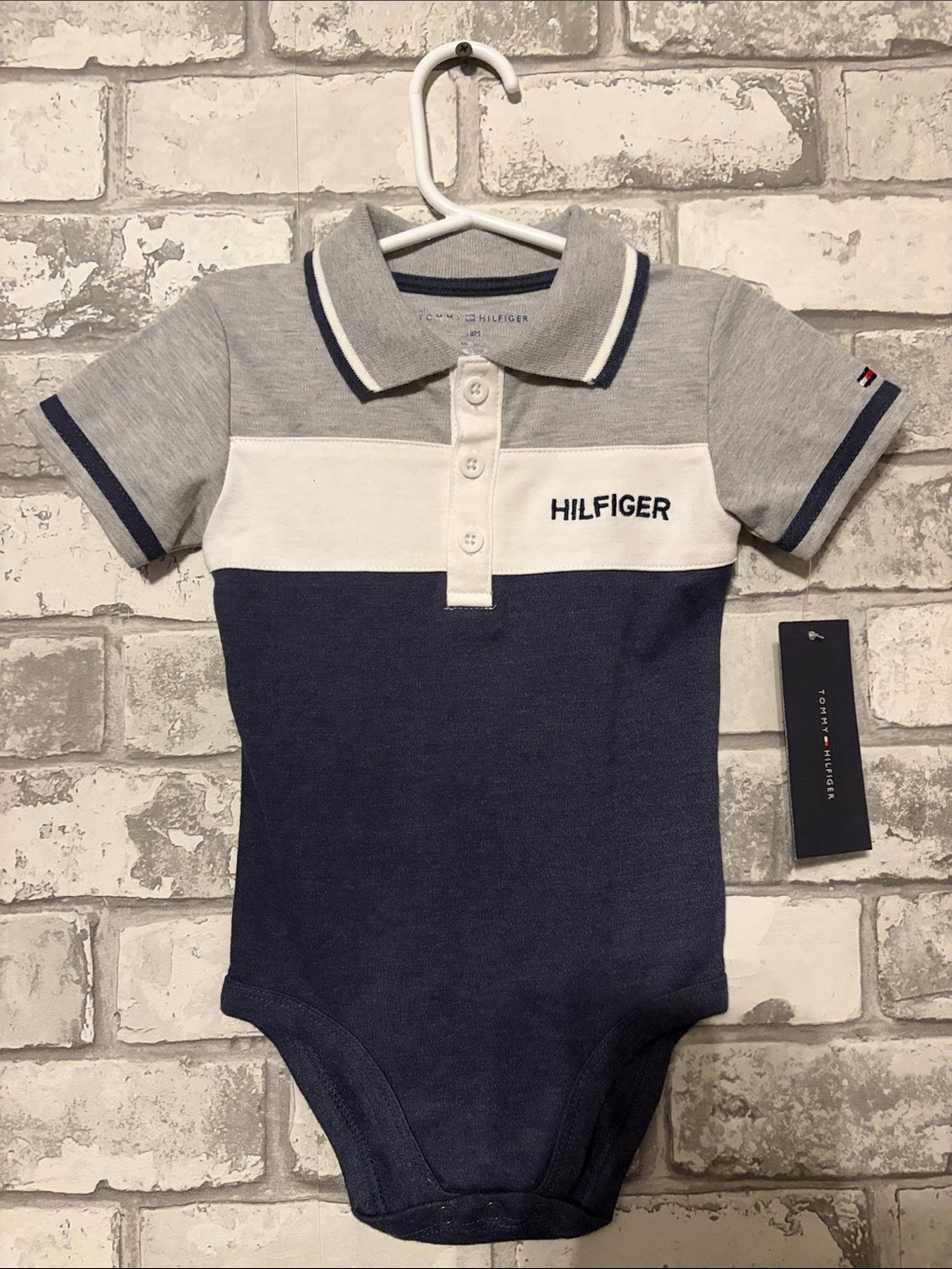 Tommy Hilfiger Navy, White & Gray Polo One-Piece Bodysuit